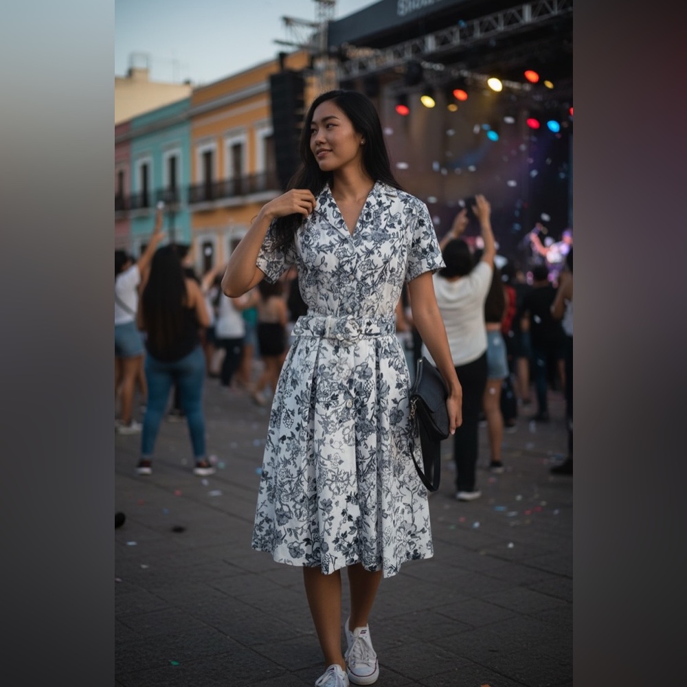 Charter Club Navy Blue and White Floral Midi Dress